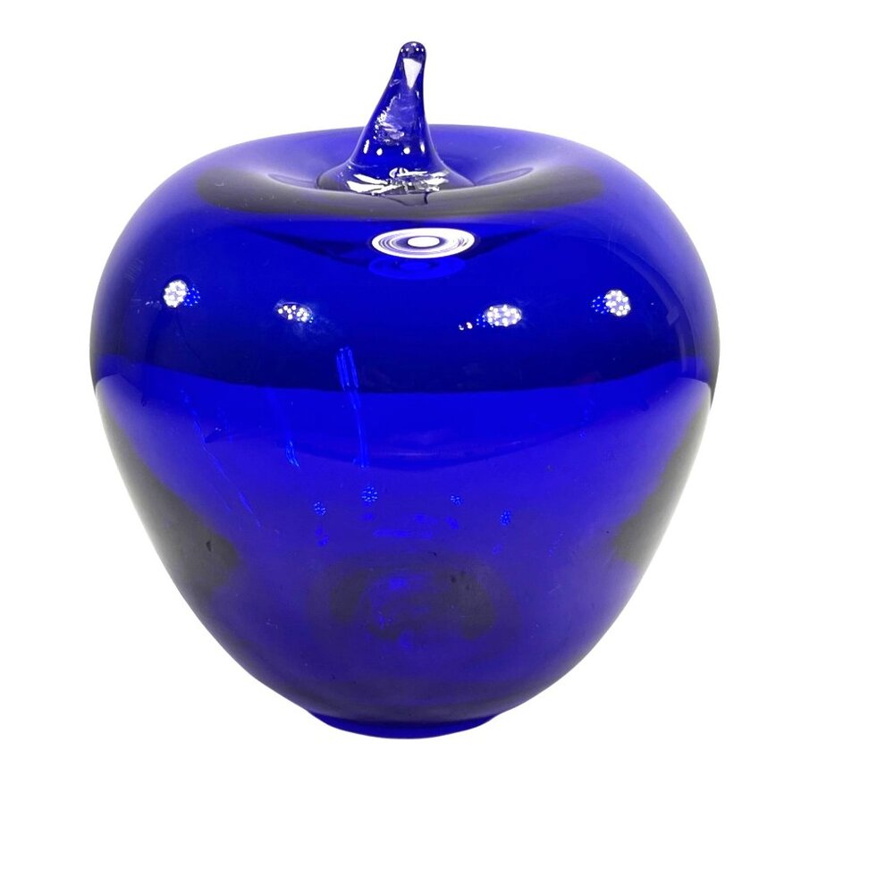 Vtg Blenko Handblown Cobalt Blue Glass Apple Paperweight Clear Applied Stem MCM